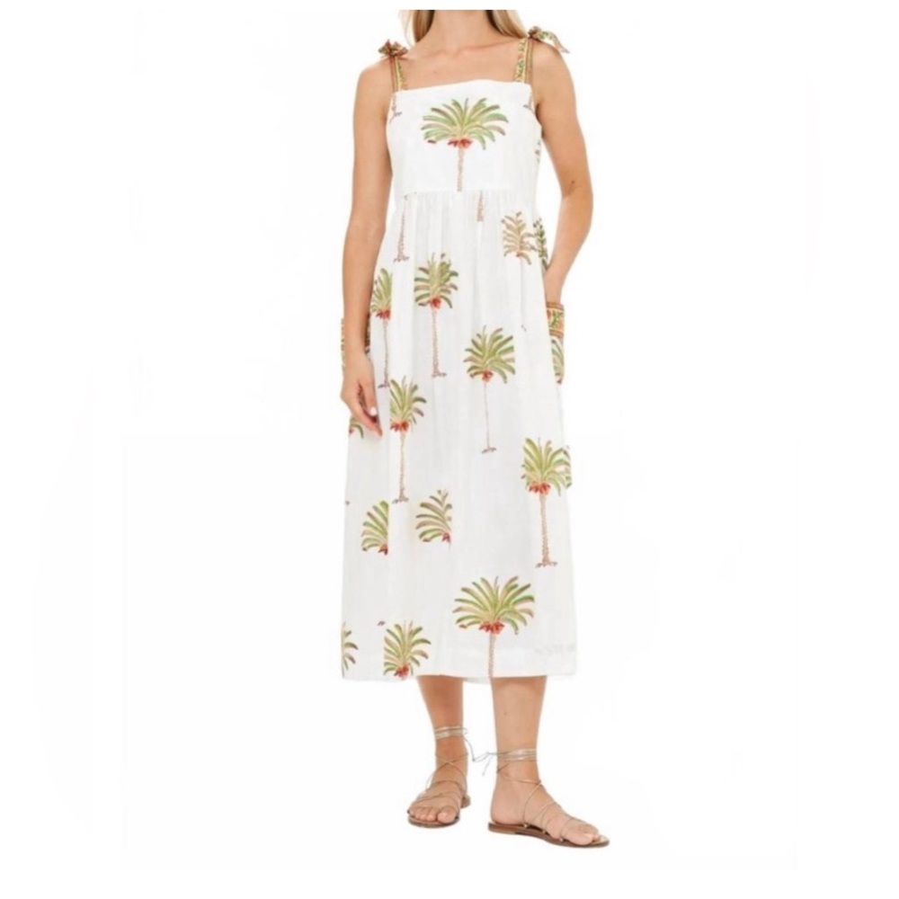 Oliphant Tie Strap Pocket White Midi Dress with Palm Print Small